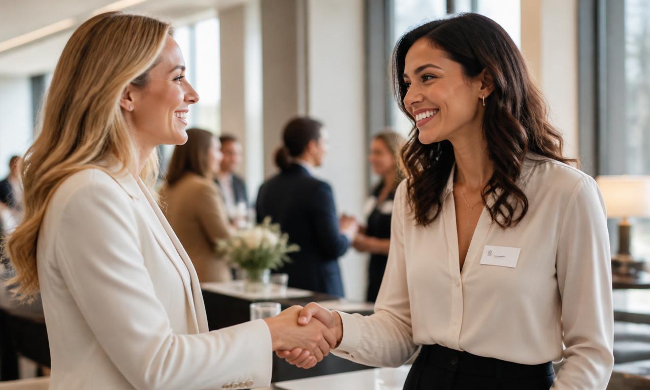 Two professionals meeting and shaking hands at an event