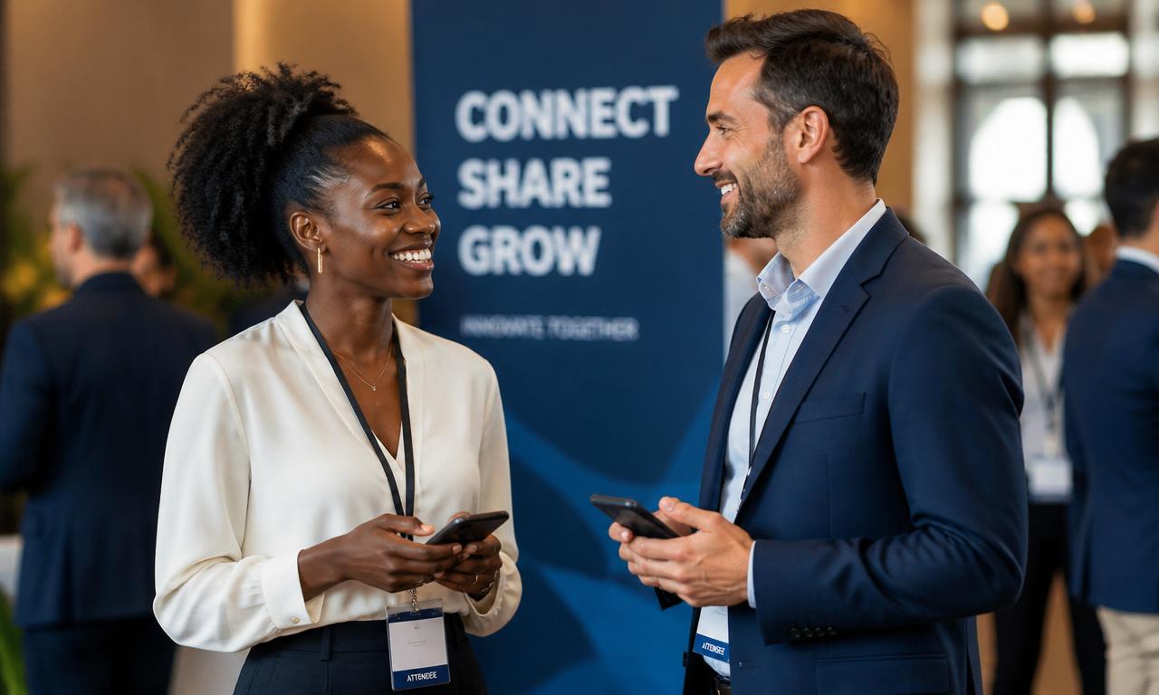 Two professionals connecting at a B2B networking event